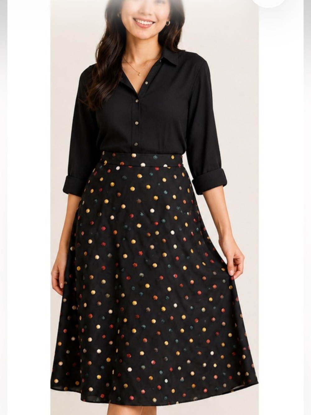 Sundance Black Skirt with Multicolor Polka Accents in size 12